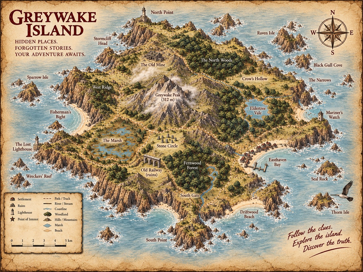 Illustrated map of Greywake Island