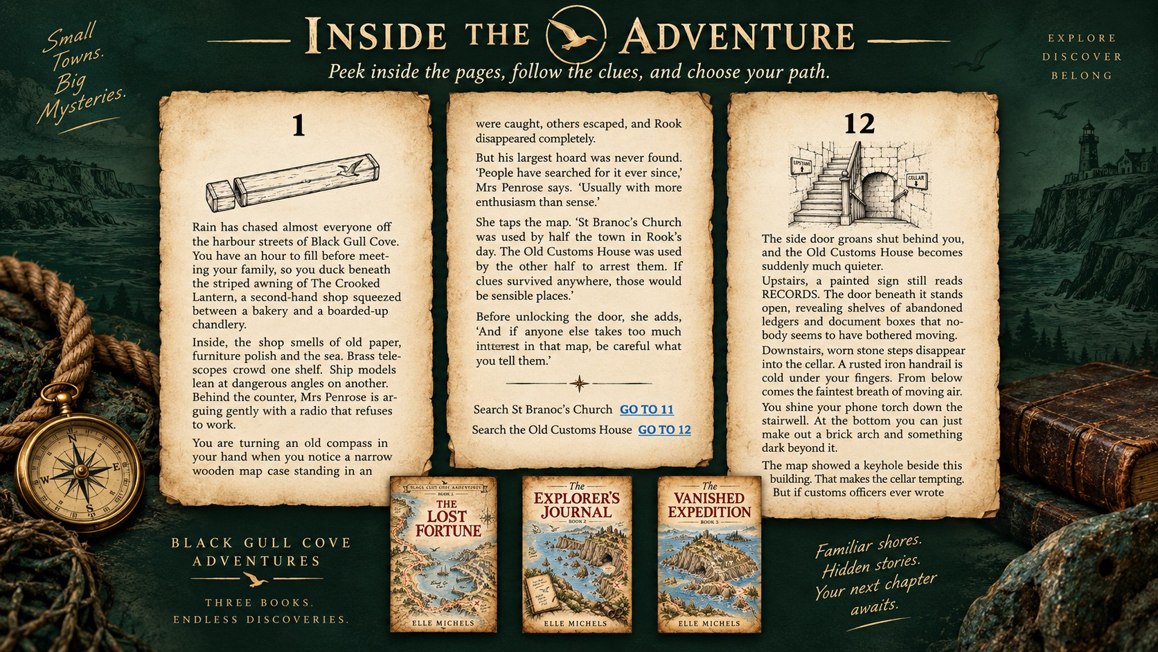 Black Gull Cove Adventures visual guide showing story pages, branching choices and the three books in the series